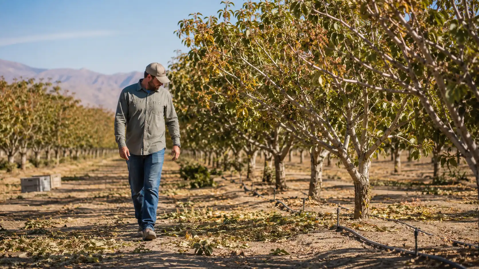 Pistachio post-harvest care during an orchard inspection after harvest
