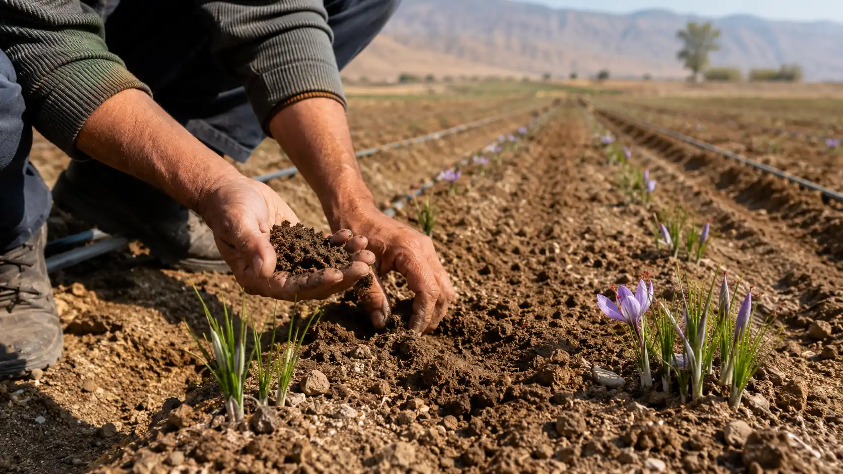 Checking soil moisture before saffron first irrigation