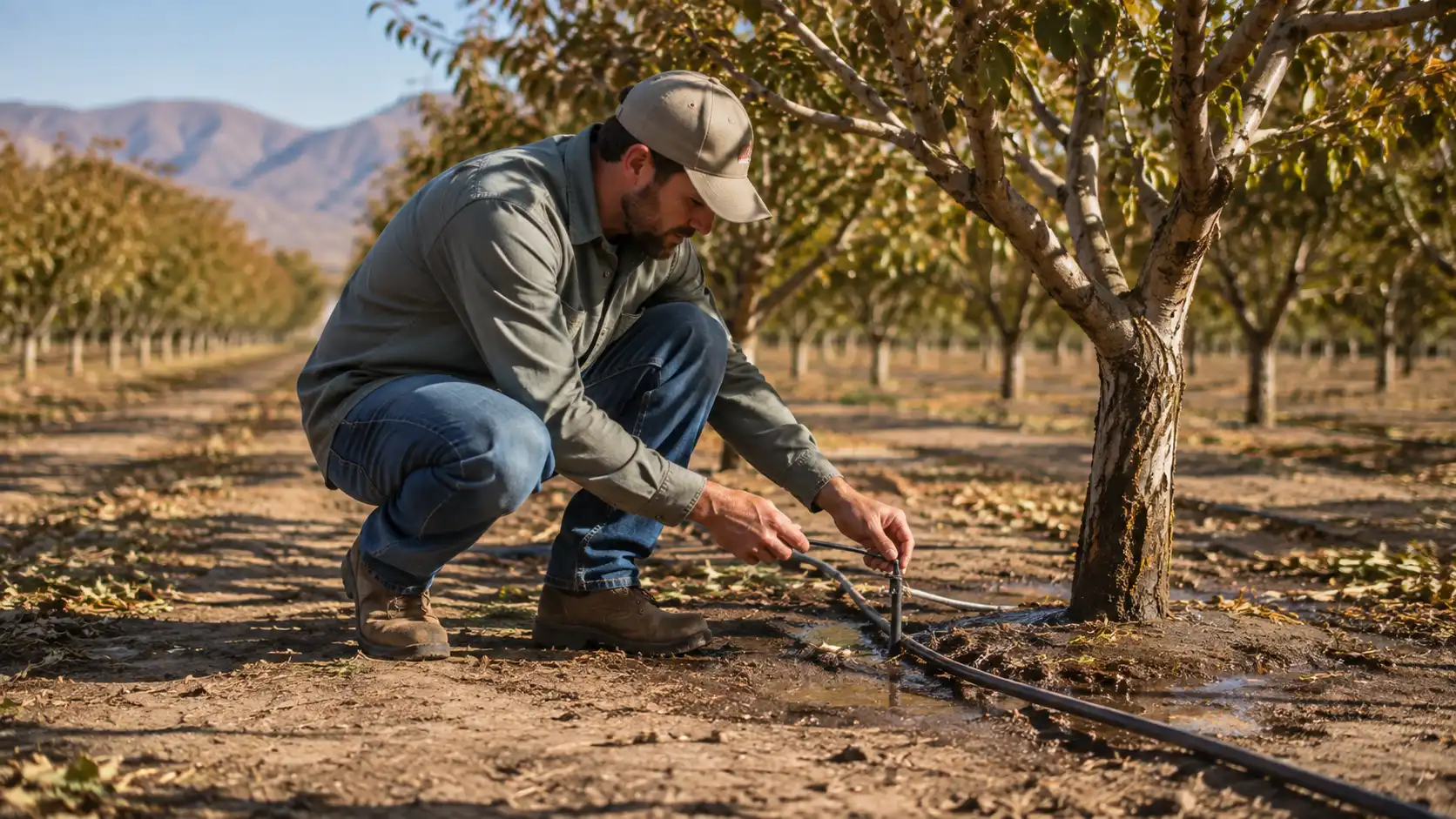 Checking drip irrigation beside a pistachio tree after harvest