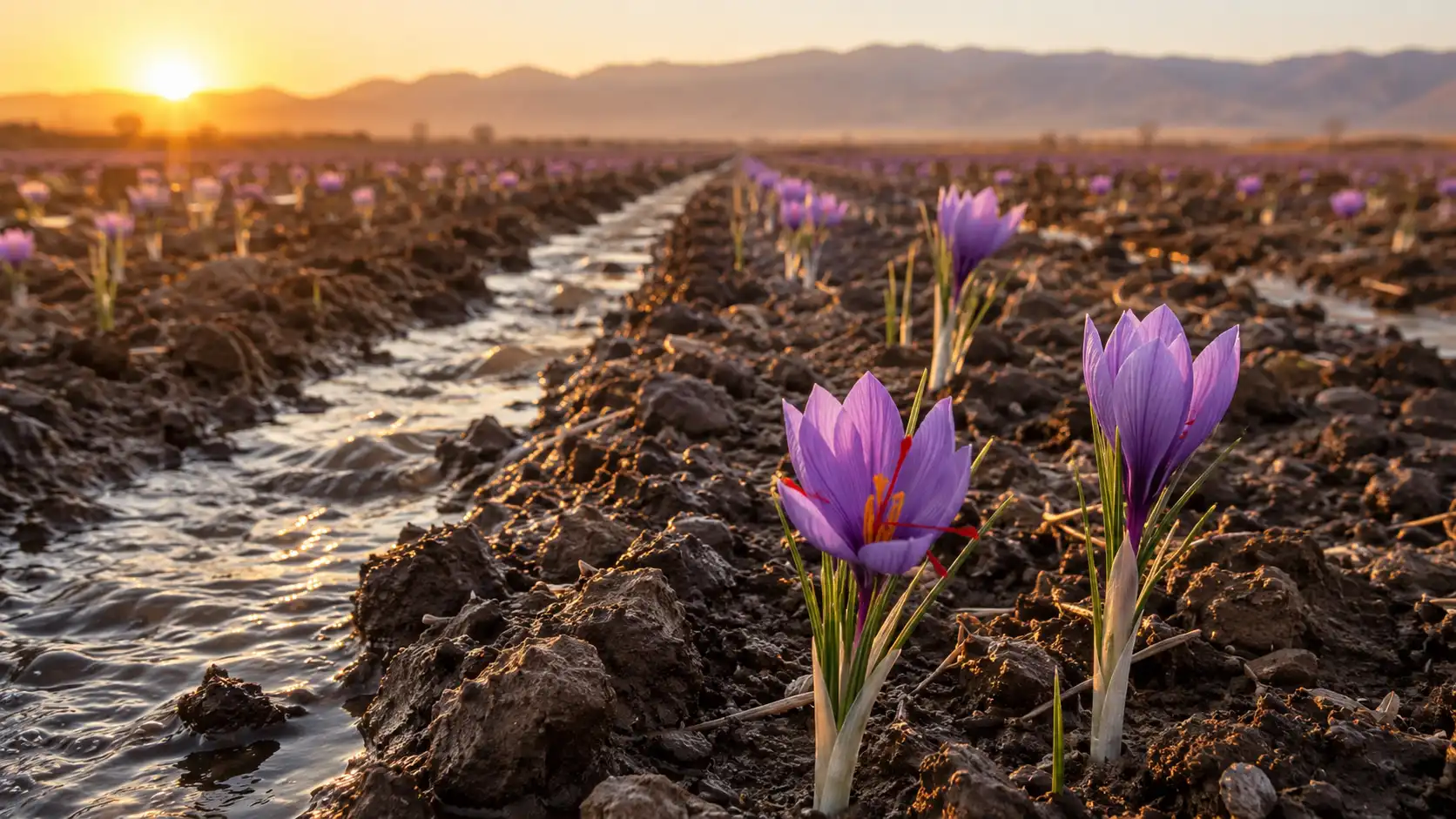 Saffron first irrigation in a flowering saffron field